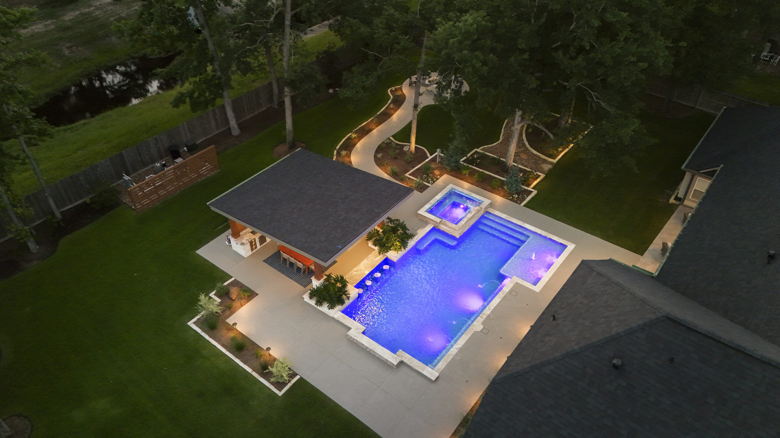 Aerial view custom pool and outdoor living Benders Landing Estates - Lagniappe Pools